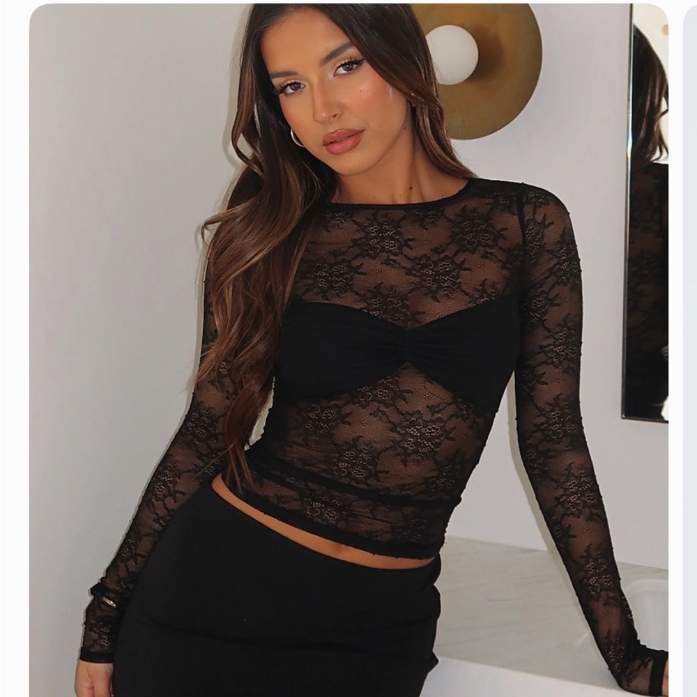 White Fox Boutique Black Sheer Lace Long Sleeve Tee